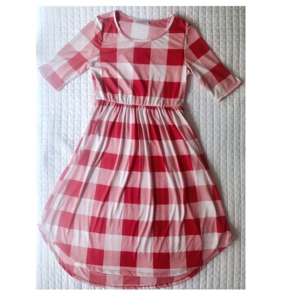 Red and White Checkered Midi Dress - Picture 1 of 6
